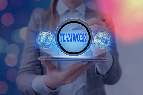 Text sign showing Teamwork. Conceptual photo combined action of group especially when effective and efficient Elements of this image furnished by NASA. — Stock Photo, Image