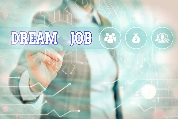 Woord schrijven tekst Dream Job. Zakelijk concept voor een daad die wordt betaald door salaris en geeft je geluk. — Stockfoto