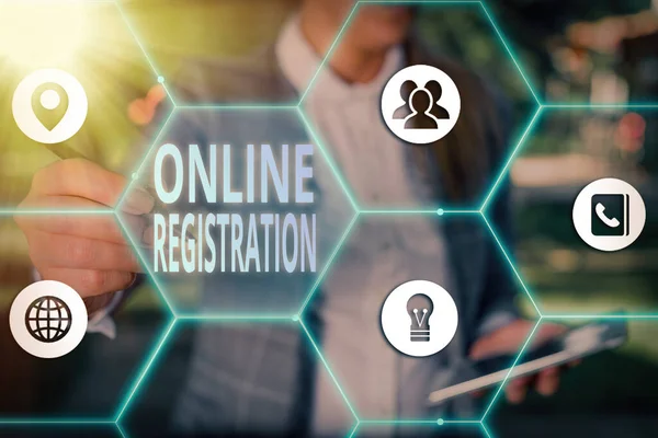 Writing note showing Online Registration. Business photo showcasing System for subscribing or registering via the Internet.