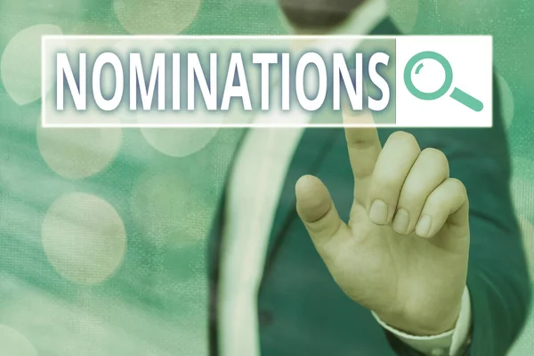 Znak tekstowy pokazujący nominacje. Zdjęcie koncepcyjne akt oficjalnego sugerowania kogoś do pracy lub stanowiska. — Zdjęcie stockowe
