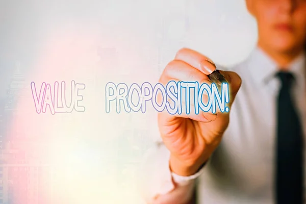 Tekst pisania słów Wartość Propozycja. Koncepcja biznesowa dla funkcji mających na celu uatrakcyjnienie przedsiębiorstwa lub produktu. — Zdjęcie stockowe