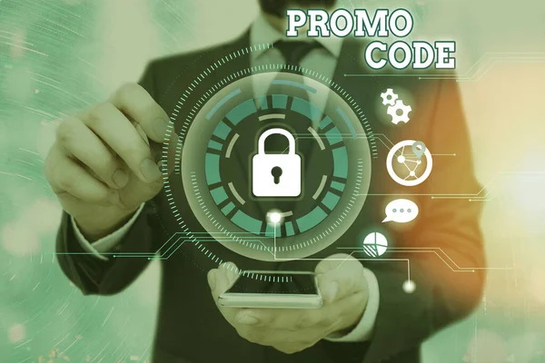 프로 모 코드 (Promo Code) 문서 작성. 특정 제품을 많이 할인 해 주는 디지털 숫자를 뜻하는 개념. — 스톡 사진