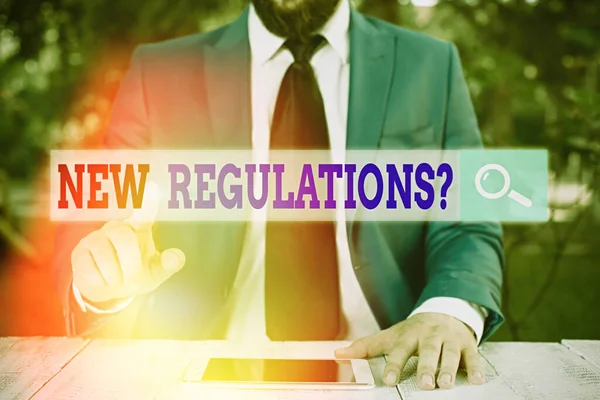 Writing note showing New Regulations Question. Business photo showcasing rules made government control way something is done. — Stock Photo, Image
