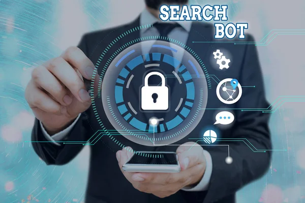 Текст почерку Search Bot. Концепт означає програму, яка запускає автоматизовані завдання через Інтернет або мережу.. — стокове фото