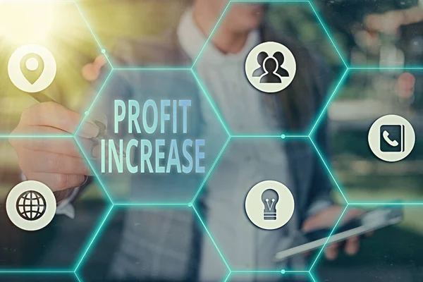 Escribir nota mostrando Aumento de Beneficios. Foto comercial que muestra el crecimiento en la cantidad de ingresos obtenidos de un negocio . —  Fotos de Stock