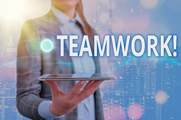 Text sign showing Teamwork. Conceptual photo combined action of group especially when effective and efficient. — Stock Photo, Image