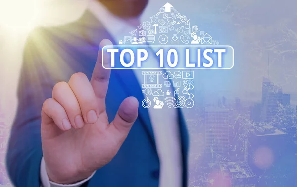 Text sign showing Top 10 List. Conceptual photo the ten most important or successful items in a particular list. — Stock Photo, Image