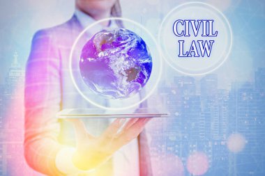 Conceptual hand writing showing Civil Law. Business photo showcasing Law concerned with private relations between members of community Elements of this image furnished by NASA. clipart