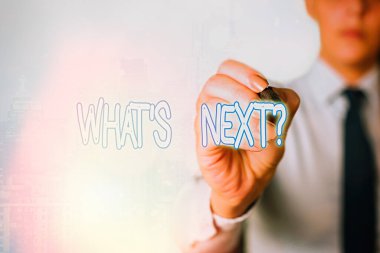 Kelime yazma metni Sıradaki Soru. İş konsepti, yaklaşan eylemlerini ve davranışlarını sorgulamak içindir..