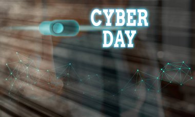 Siber Günü 'nü gösteren kavramsal el yazısı. ABD 'deki Şükran Günü' nden sonraki Pazartesi için iş fotoğrafı pazarlama terimi.