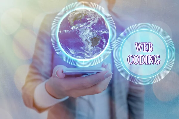 Konceptualne ręczne pisanie pokazujące Web Coding. Biznesowe zdjęcia prezentujące prace związane z tworzeniem strony internetowej dla elementów internetowych tego obrazu dostarczonego przez NASA. — Zdjęcie stockowe