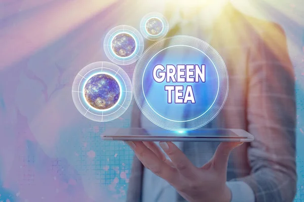 Scrittura concettuale a mano che mostra il tè verde. Foto aziendale che mostra il tipo di tè che è fatto da foglie e boccioli di Camellia sinensis Elementi di questa immagine forniti dalla NASA . — Foto Stock