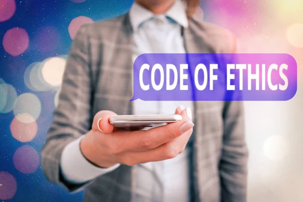 Conceptual hand writing showing Code Of Ethics. Business photo showcasing basic guide for professional conduct and imposes duties. — Stock Photo, Image