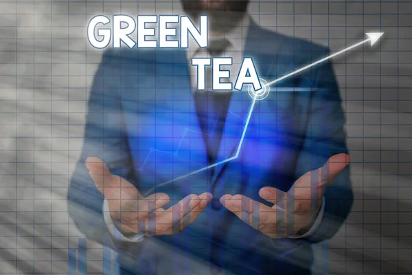 Πινακίδα που δείχνει πράσινο τσάι. Εννοιολογική φωτογραφία τύπου τσαγιού που είναι κατασκευασμένο από φύλλα και μπουμπούκια Camellia sinensis. — Φωτογραφία Αρχείου