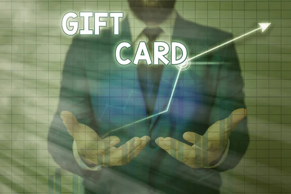 Signo de texto que muestra Gift Card. Foto conceptual Un regalo generalmente hecho de papel que contiene su mensaje . — Foto de Stock