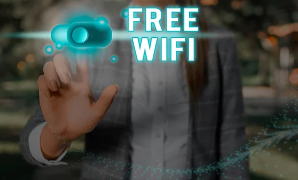 Ordskrivning text Gratis Wifi. Affärsidé för att låta dig ansluta till Internet på offentliga platser utan att betala. — Stockfoto