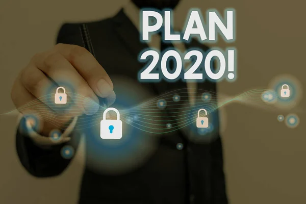 Text sign showing Plan 2020. Conceptual photo detailed proposal doing achieving something next year. — Stock Photo, Image