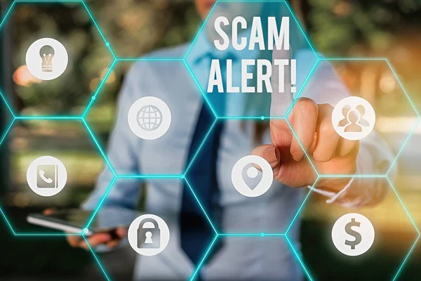 Escrita de mão conceitual mostrando Scam Alert. Texto de foto de negócios avisando alguém sobre esquema ou fraude notar qualquer incomum . — Fotografia de Stock