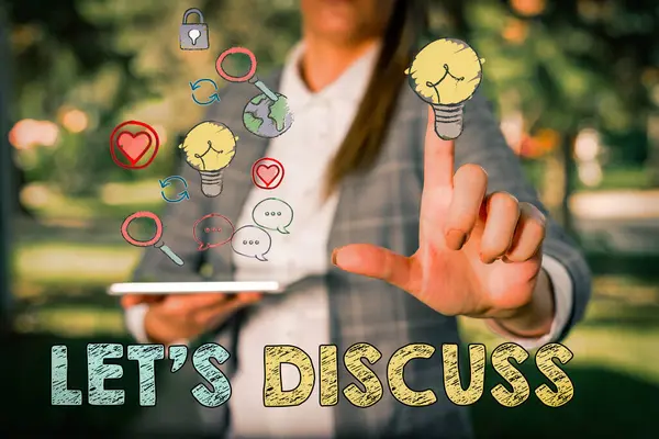 Tekstbord met Let Discuss. Conceptuele foto vraagt iemand om te praten over iets met demonstreren of tonen. — Stockfoto