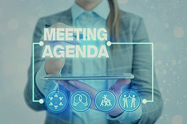 Word writing text Meeting Agenda. Business concept for items that participants hope to accomplish at a meeting.