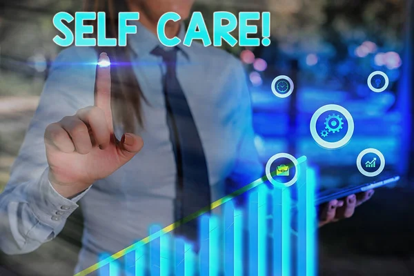 Text sign showing Self Care. Conceptual photo practice of taking action preserve or improve ones own health. — Stock Photo, Image