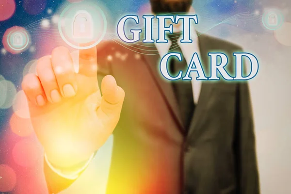 Palavra escrita texto Gift Card. Conceito de negócio para um presente geralmente feito de papel que contém sua mensagem . — Fotografia de Stock
