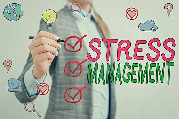 Schrijf notitie met stress management. Zakelijke fotopresentatie methode van het beperken van stress en de gevolgen ervan door leer manieren. — Stockfoto