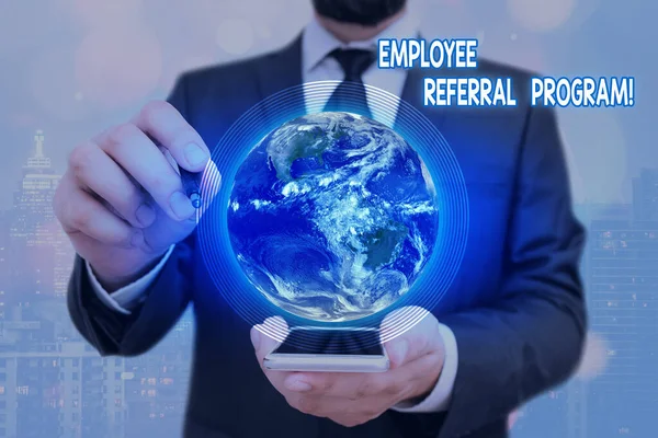 Handwriting text Employee Referral Program. Concept meaning internal recruitment method employed by organizations Elements of this image furnished by NASA. — Stock Photo, Image