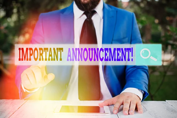 Writing note showing Important Announcement. Business photo showcasing spoken statement that tells showing about something. — Stock Photo, Image