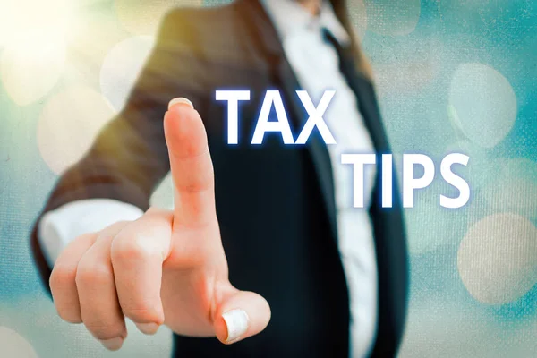 Writing note showing Tax Tips. Business photo showcasing compulsory contribution to state revenue levied by government. — Stock Photo, Image
