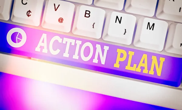 Textschild mit Aktionsplan. Konzeptionelles Foto detaillierter Plan mit Maßnahmen, die erforderlich sind, um Ziele oder Visionen zu erreichen. — Stockfoto