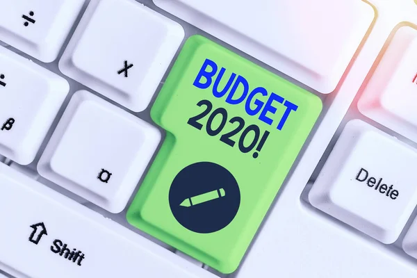 Writing note showing Budget 2020. Business photo showcasing estimate of income and expenditure for next or current year. — Stock Photo, Image