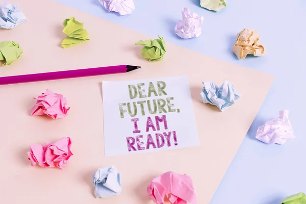 Text sign showing Dear Future I Am Ready. Conceptual photo Confident to move ahead or to face the future Colored crumpled papers empty reminder blue yellow background clothespin. — Stock Photo, Image