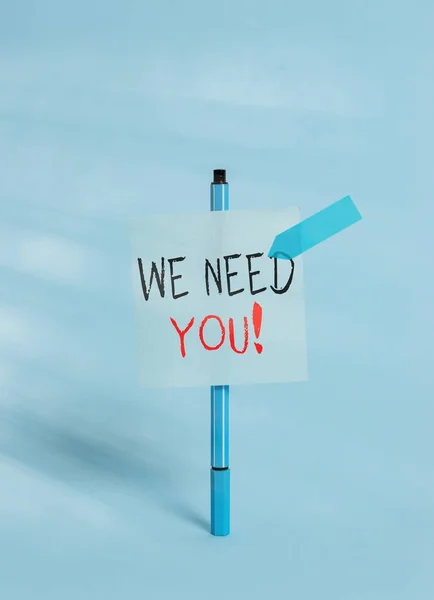 Conceptual hand writing showing We Need You. Business photo showcasing asking someone to work together for certain job or target Ballpoint sticky note arrow banner peaceful cool background.