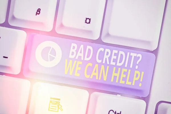 Signo de texto que muestra Bad Creditquestion We Can Help. Conceptual photo offerr ayuda para obtener un historial de pagos positivo . —  Fotos de Stock