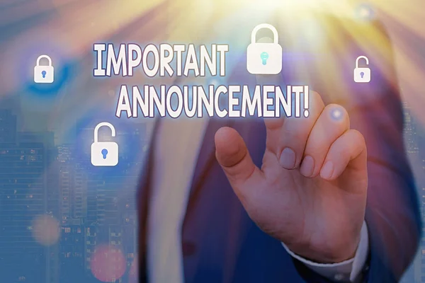 Text sign showing Important Announcement. Conceptual photo spoken statement that tells showing about something. — Stock Photo, Image