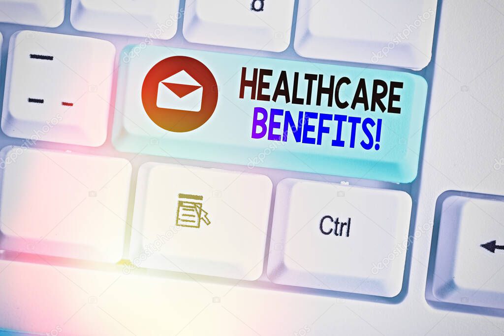 Writing note showing Healthcare Benefits. Business photo showcasing monthly fair market valueprovided to Employee dependents.