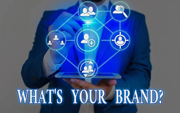 Handschriftliches Textschreiben What Your Brand Question. Konzept bedeutet Fragen nach dem Produkt-Logo oder dem, was Sie kommunizieren. — Stockfoto