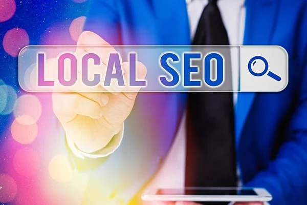 Texto de escritura de palabras Local Seo. Concepto de negocio para ayudar a las empresas a promover productos y servicios a los clientes locales . — Foto de Stock