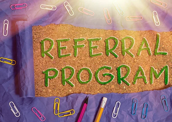 Writing note showing Referral Program. Business photo showcasing employees are rewarded for introducing suitable recruits.