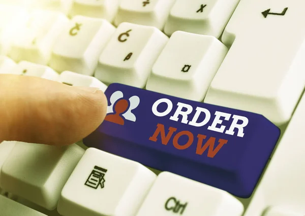 Text sign showing Order Now. Conceptual photo the activity of asking for goods or services from a company. — Stock Photo, Image