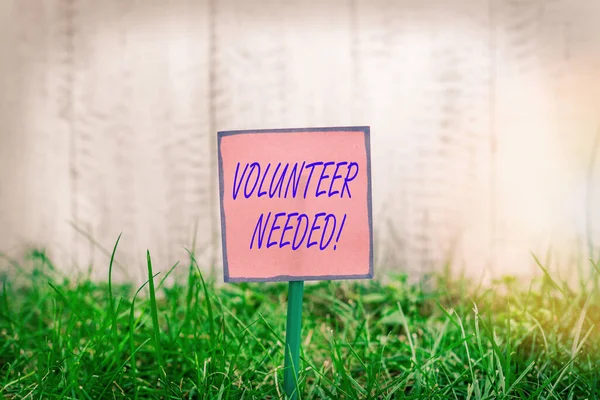 Text sign showing Volunteer Needed. Conceptual photo need work for organization without being paid Plain empty paper attached to a stick and placed in the green grassy land.