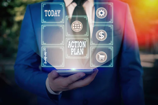 Text sign showing Action Plan. Conceptual photo detailed plan outlining actions needed to reach goals or vision.