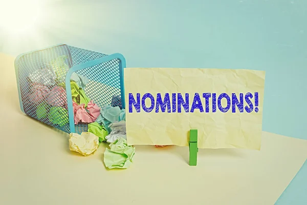 Word writing text Nominations. Business concept for action of nominating or state being nominated for prize Trash bin crumpled paper clothespin empty reminder office supplies tipped.