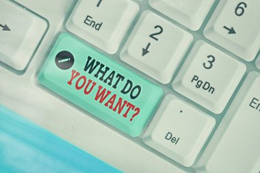 Ne İstiyorsanız Sorusu gösteren metin işareti. Kavramsal fotoğraf söylemek veya bir şey hakkında gösteren sormak için yazmak.