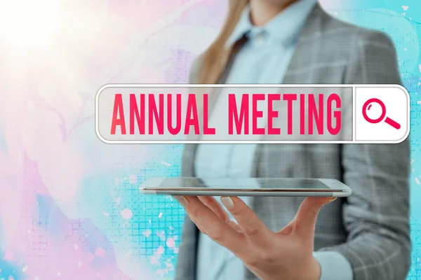 Conceptual hand writing showing Annual Meeting. Business photo showcasing yearly meeting of the general membership of an organization.