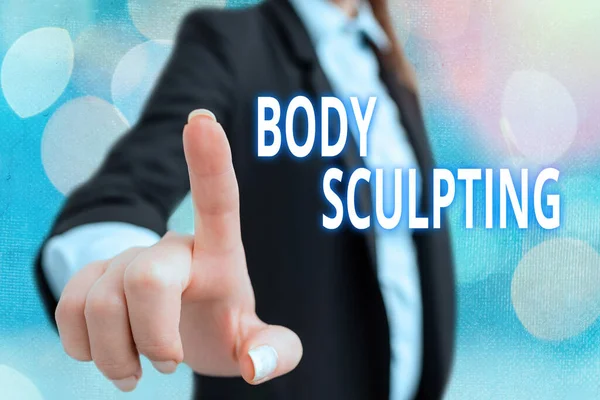 Writing note showing Body Sculpting. Business photo showcasing activity of increasing the body s is visible muscle tone.