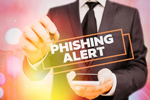 Texto de escritura Phishing Alert. Concepto que significa consciente del intento fraudulento de obtener información sensible . —  Fotos de Stock