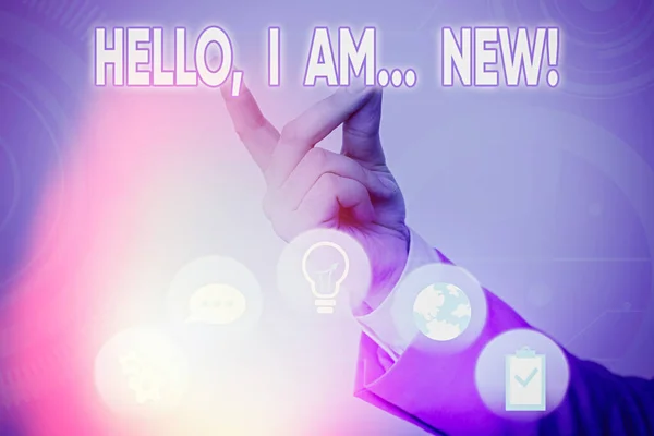 Texto de escritura de palabras Hello I Am New. Concepto de negocio para introducirse en un grupo como trabajador fresco o estudiante . —  Fotos de Stock