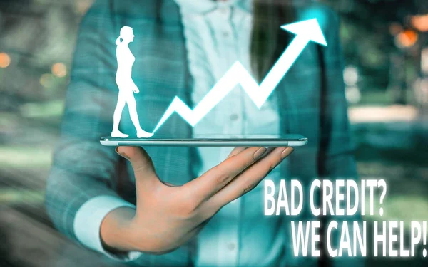 Texto de escritura de palabras Bad Creditquestion We Can Help. Concepto de negocio para ayudar a obtener un historial de pagos positivo . — Foto de Stock